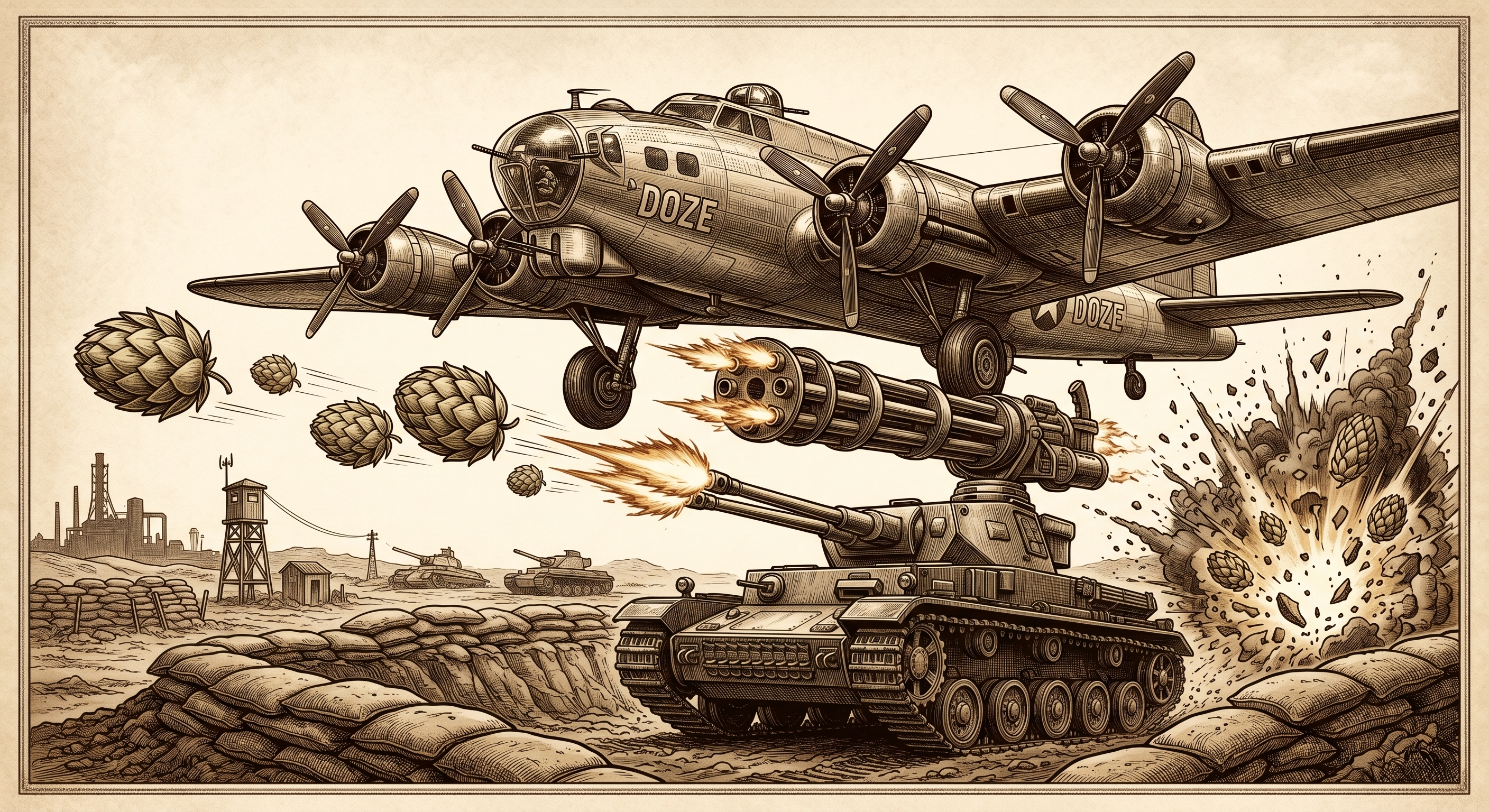 Ilustração militar de tanque e avião com lúpulos — Rocker's Beer